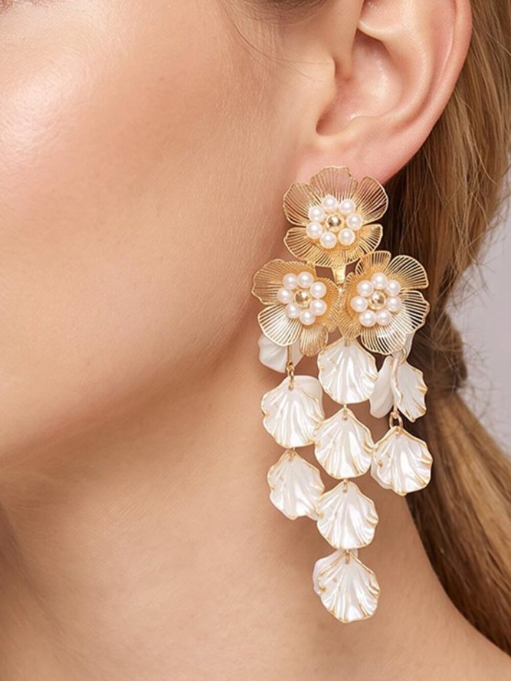 Large Long Bold FLORAL PEARL STATEMENT EARRINGS Gold Dipped Boutique NEW